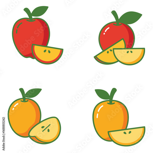 Four illustrations of whole apples and sliced apple wedges in red and orange colors on a white background