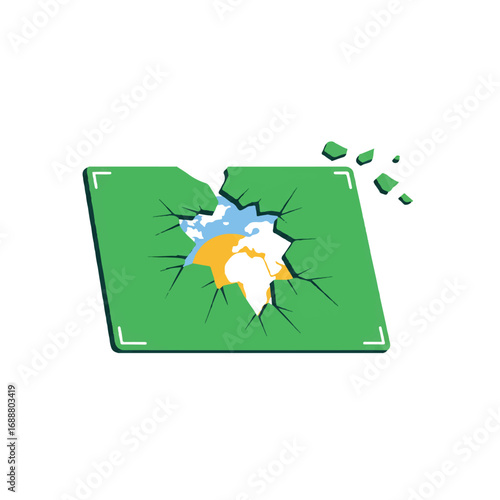 A green square with a hole in the middle revealing a globe and blue sky.