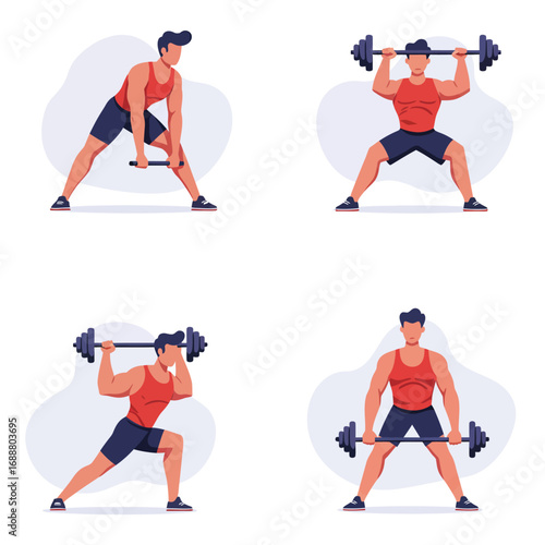 Man performing four different weightlifting exercises with barbell and dumbbell for fitness
