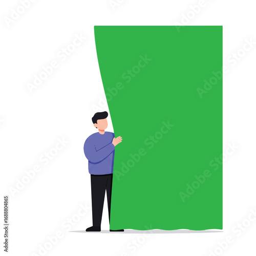 A man in a purple sweater pulling back a large green curtain, revealing a blank space for content.