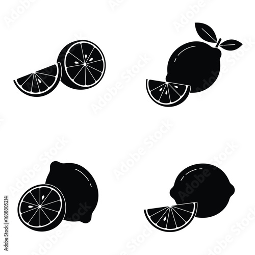 Four black silhouette illustrations of lemons and lime slices on a white background