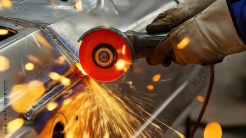 Worker's hand in a glove using an angle grinder to smooth a weld on a metal car body