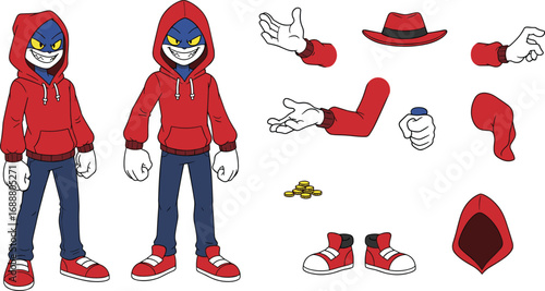 Cartoon character design sheet, customizable outfit and accessories, masked avatar illustration, animation asset pack, expressive pose elements, urban style vector, modular character artwork