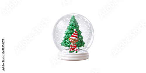 Festive Christmas snow globe featuring a cute elf and green tree, creating a magical holiday scene with falling snow Concept of winter, celebration, and childhood joy