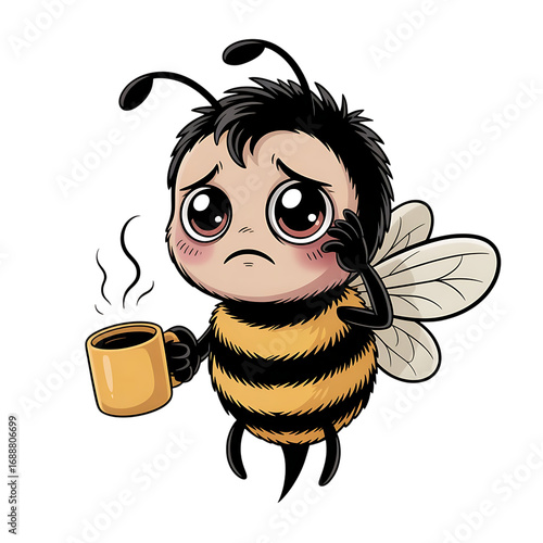 Tired bee holding coffee cup cute cartoon character artwork royalty free stock photos premium quality transparent background