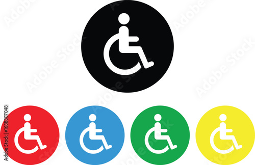 Disabled wheelchair icon set in different colors, icons for disabled persons. Disabled person icon set.