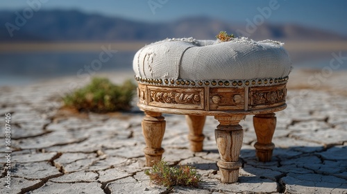 Elegant vintage ottoman rests on cracked earth by serene lake, symbolizing resilience and beauty