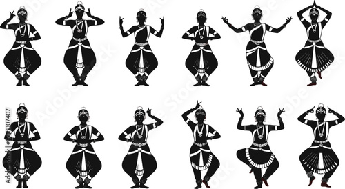 Classical Indian Bharatanatyam dance poses, traditional costume, expressive hand gestures, cultural heritage, female dancer, artistic performance, silhouette, spiritual dance, Indian classical art.