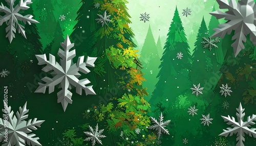 Winter forest scene with falling snowflakes