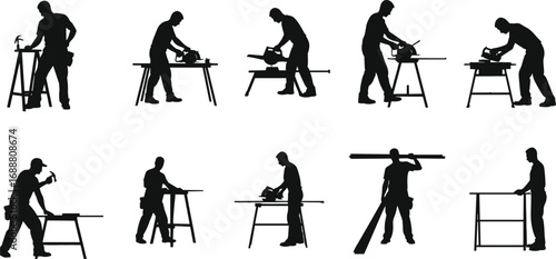 Carpenter working with tools, silhouette of woodworking, manual labor, wood cutting, hammering, carrying lumber, skilled tradesman, woodworking workshop, craftsmanship.