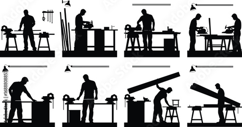 Carpenter working in workshop, woodworking with tools, manual labor, wood cutting, construction, craftsmanship, saw bench, woodworking process, skilled tradesman, lumber handling.