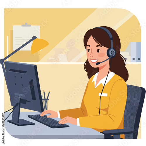 A smiling woman wearing a headset works at a computer in an office or call center environment.