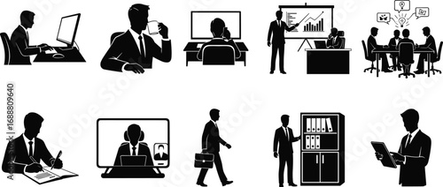 Business professional working on computer, drinking coffee, online meeting, presentation, team collaboration, office work, documents, leadership, corporate, success, teamwork, planning.