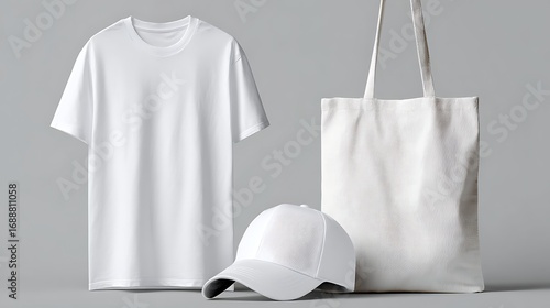White tshirt cap and tote bag mockup display