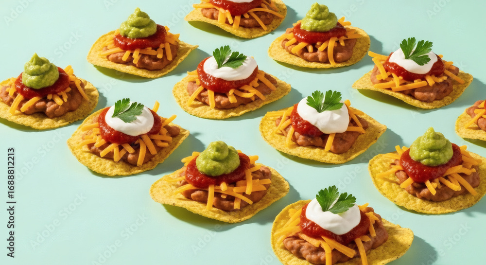 Fototapeta premium Individual Nacho Chips with Beans and Cheese, Arranged in Rows on a Blue Background