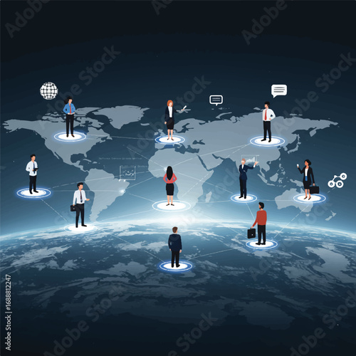 Global business network, interconnected people on a world map background.