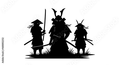 Samurai warriors stand ready for battle in striking silhouette design, evoking strength and tradition