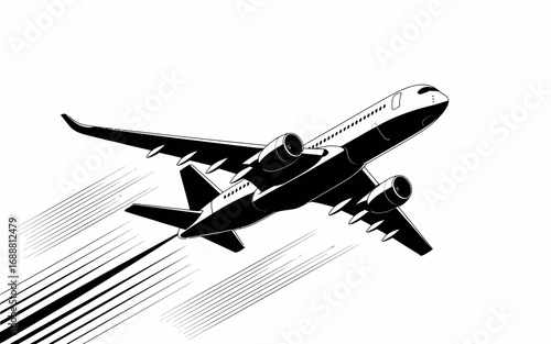 Striking black and white illustration of a modern passenger jet taking off, conveying speed and upward motion