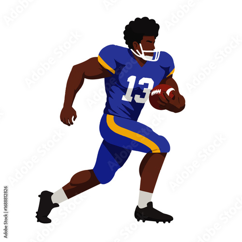 Illustration of an American football player running with a ball on a clean, minimalist and colorful background, without text.