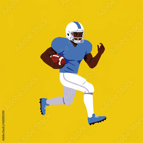 Illustration of an American football player running with a ball on a clean, minimalist and colorful background, without text.