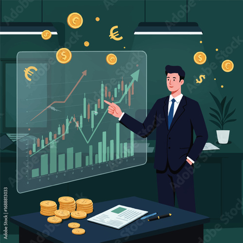 A businessman in a suit points to a holographic financial chart showing upward trends and falling coins, symbolizing investment growth and financial success.
