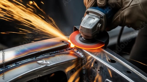 Worker in protective gloves using an angle grinder on a metal car frame with flying sparks