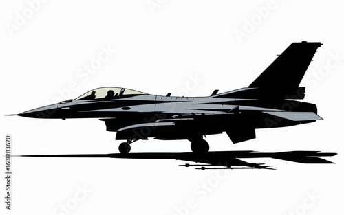 Silhouette of a modern fighter jet aircraft with missiles, military aviation concept.