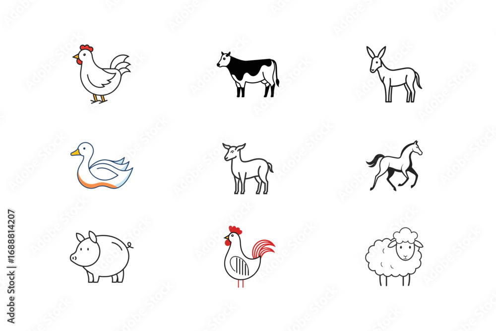 Naklejka premium Farm Animals Silhouette Collection with Colorful Accents chicken rooster