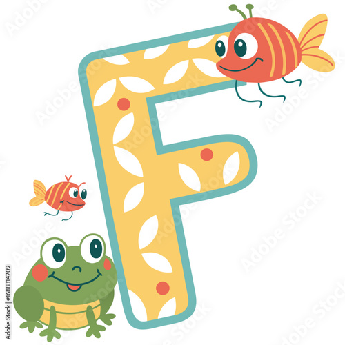Cheerful frog and playful fish around letter F with leaf patterns in a colorful design