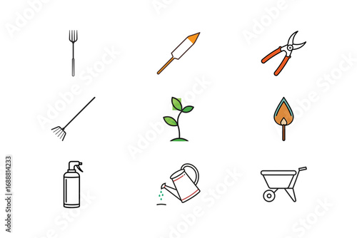 Garden Tools Plant Watering Can Spray Bottle Match Wheelbarrow Icons vector