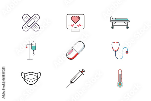 Medical Icons Set With Bandage Stethoscope Syringe Thermometer health healthcare