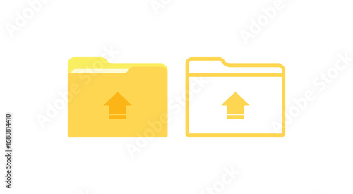 Flat vector icons of a yellow upload folder with an arrow. Ideal for data transfer, cloud storage, and file sharing concepts