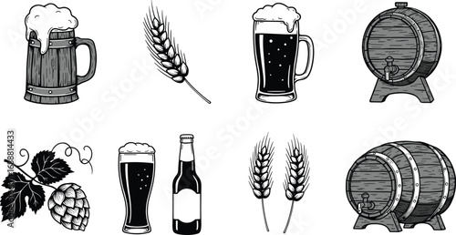 Vintage beer icons set, hand drawn brewery elements including mugs, barrels, hops, wheat, beer bottle, craft beer graphics