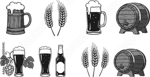 Vintage beer icons set, hand drawn brewery elements including mugs, barrels, hops, wheat, beer bottle, craft beer graphics