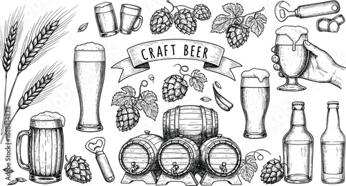Vintage hand drawn craft beer set with barrels, hops, wheat, beer mugs, bottles, opener, glass, brewing elements