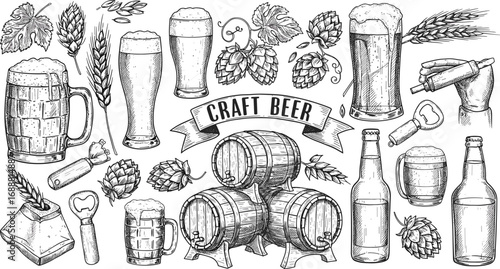 Vintage hand drawn craft beer set with barrels, hops, wheat, beer mugs, bottles, opener, glass, brewing elements
