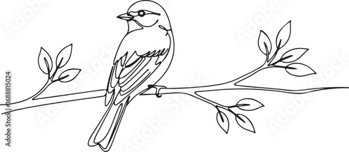 Minimal Line Drawing of Bird with Branch and Leaves on White Background 