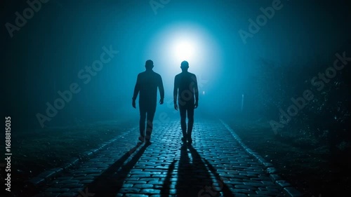Two figures walking on a foggy path at night