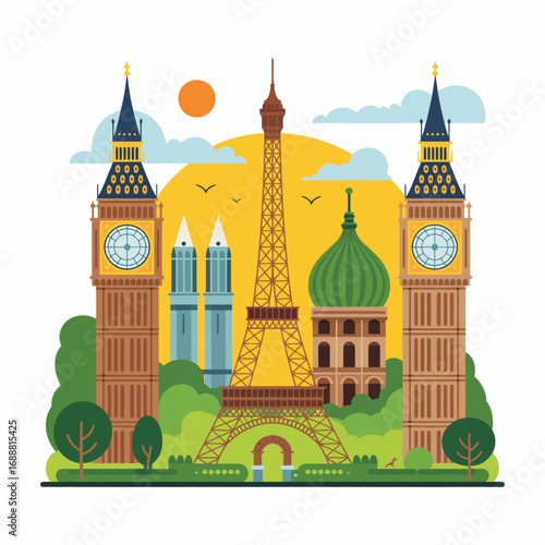 Illustrative Montage of Iconic European Landmarks, Featuring the Eiffel Tower and Big Ben, Evoking Wanderlust and Global Travel