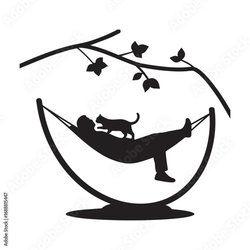A man is in a hammock with a cat in his mouth silhouette on white Background. 