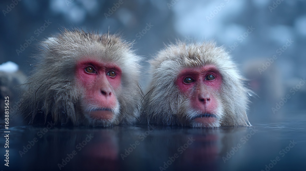 Naklejka premium Two snow monkeys soaking in a hot spring with misty background and peaceful expressions on their faces