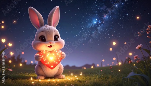Cute bunny holding a glowing heart under a starry night sky