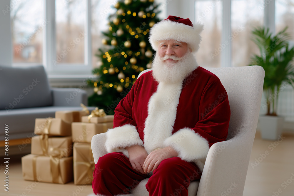 Fototapeta premium Holiday spirit shines with Santa in cozy living room setting