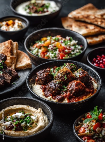 Assorted Middle Eastern dishes on dark background