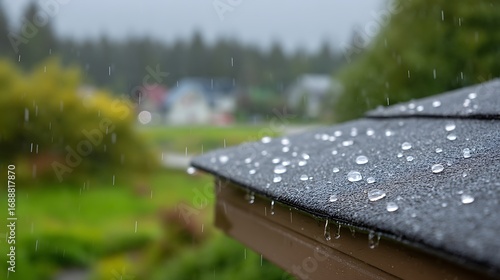 Raindrops on Asphalt Shingle Roof with Blurred Green Trees and Houses Background