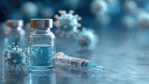 Medical vial and syringe with virus background - Healthcare and vaccination concept.