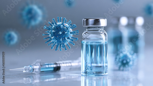 Medical vial and syringe with virus background - Healthcare and vaccination concept.