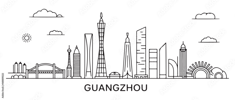 Obraz premium Guangzhou Line Art skyline. Travel Guangzhou famous landmarks. Business and tourism concept for presentation, banner, web site. with white background
