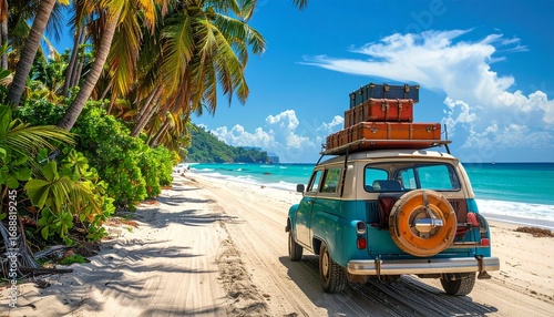 Create a nostalgic tropical travel scene featuring vintage charm, beachside adventure, and laid-back coastal vibes.