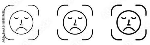 Sad face emotion icons with unhappy expressions inside face recognition frame isolated on white background vector illustration